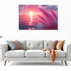 Pembe Gün Batımı ve Sazlık Manzara Temperli Cam Duvar Tablosu – Modern Ev Dekoru