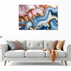 Temperli Cam Duvar Tablosu – Mavi Pembe Mermer Soyut Dekor