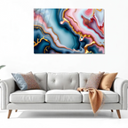 Temperli Cam Duvar Tablosu – Mavi Pembe Mermer Soyut Dekor