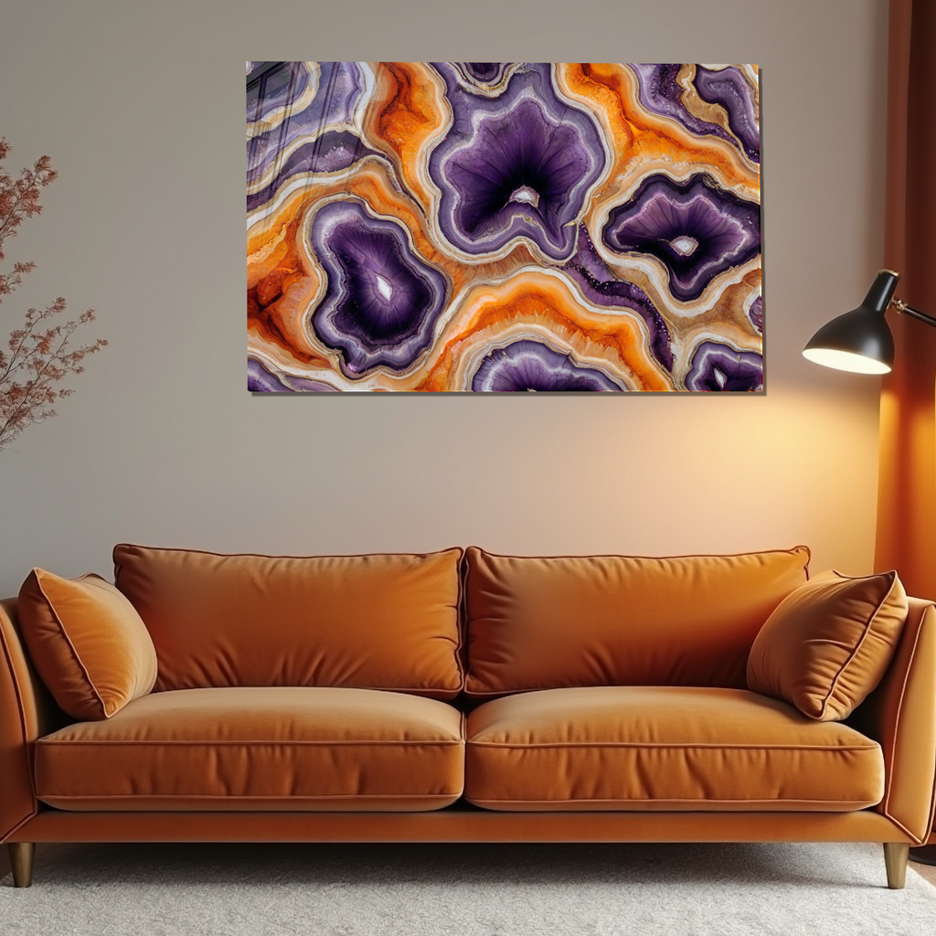Temperli Cam Duvar Tablosu – Turuncu Mor Mermer Soyut Dekor