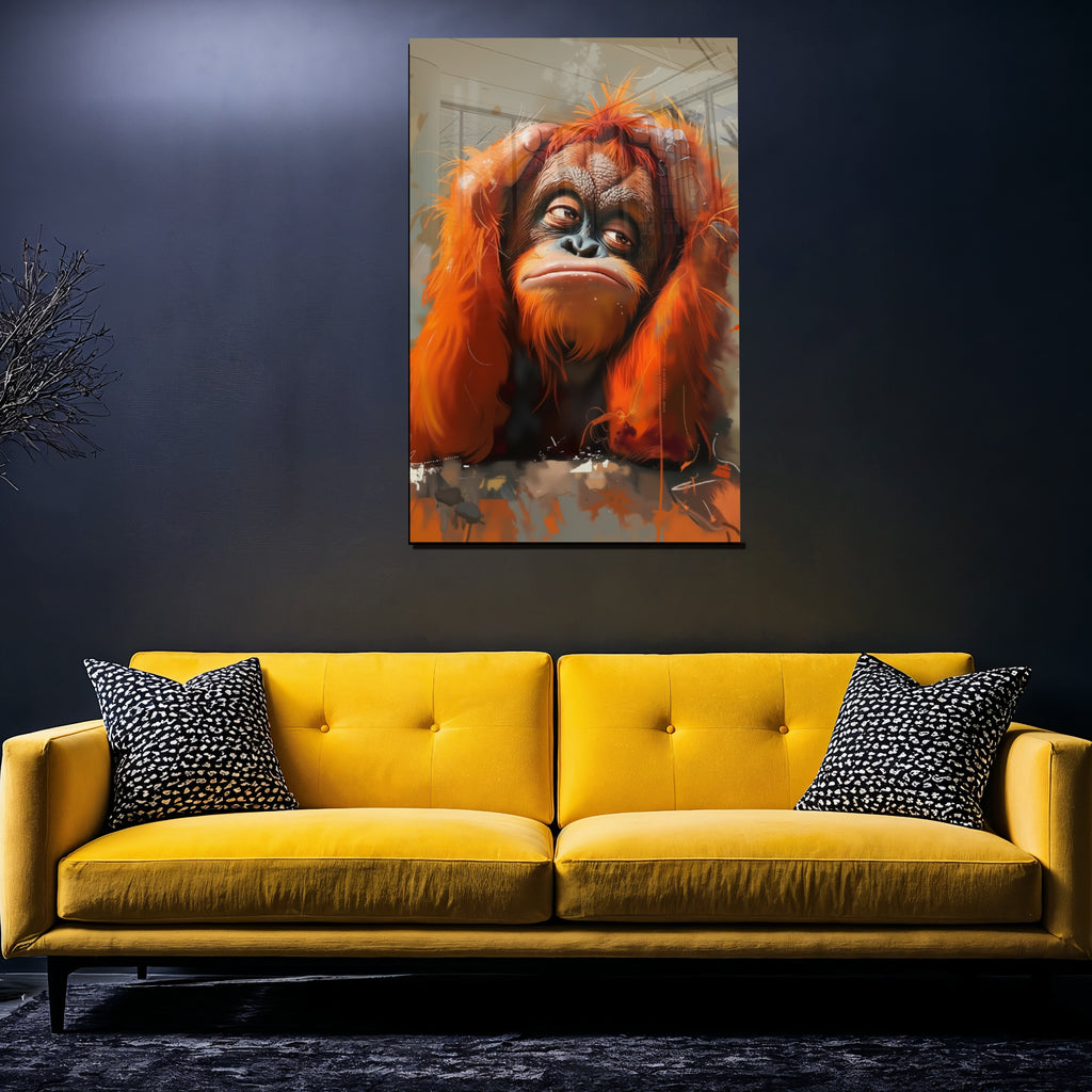 Turuncu Orangutan Temalı Temperli Cam Tablo – Modern Sanat & Mizahi Dekor