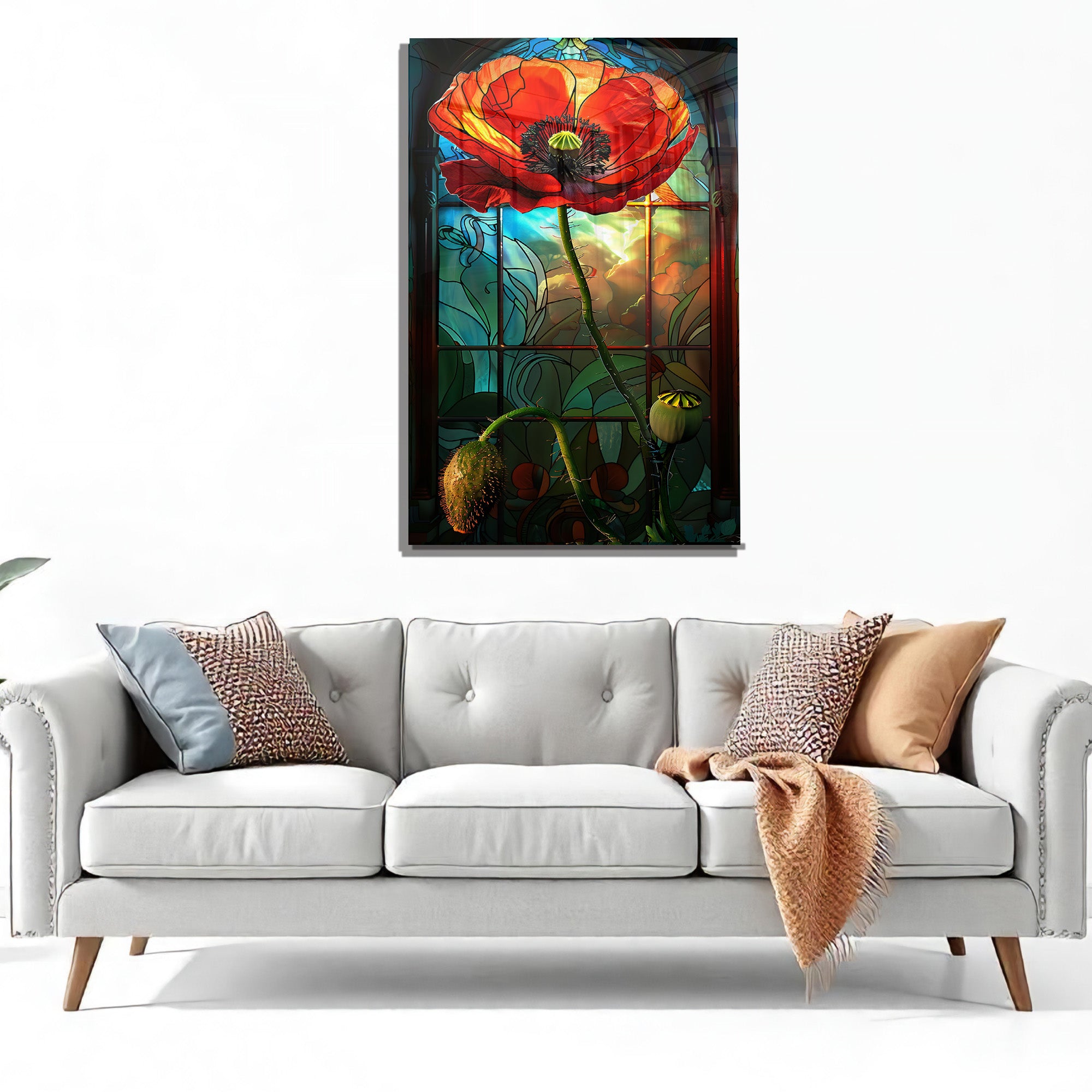 Temperli Cam Duvar Tablosu – Vitray Temalı Gelincik Çiçeği Cam Tablo