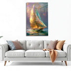 Temperli Cam Yelkenli Duvar Tablosu – Modern Deniz Temalı Dekor, Altın Işıltılı Soyut Deniz Manzarası