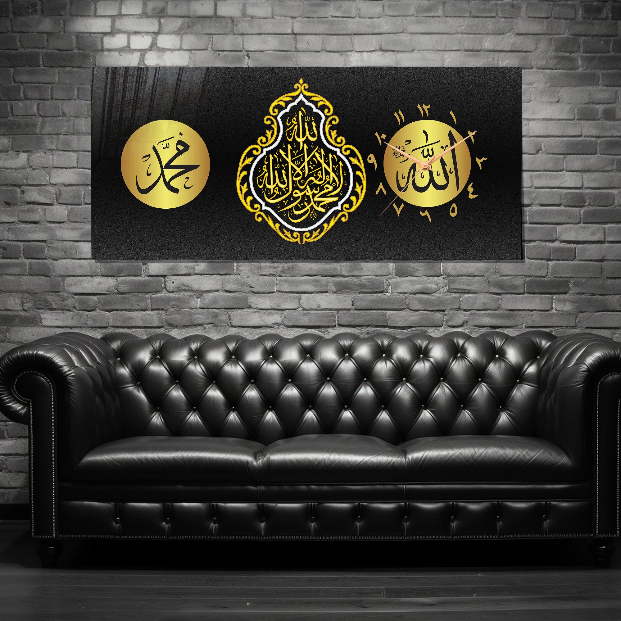 İslami Saatli Temperli Cam Tablo – Allah & Muhammed Yazılı Modern Duvar Saati, Ahşap Desenli Premium UV Baskı