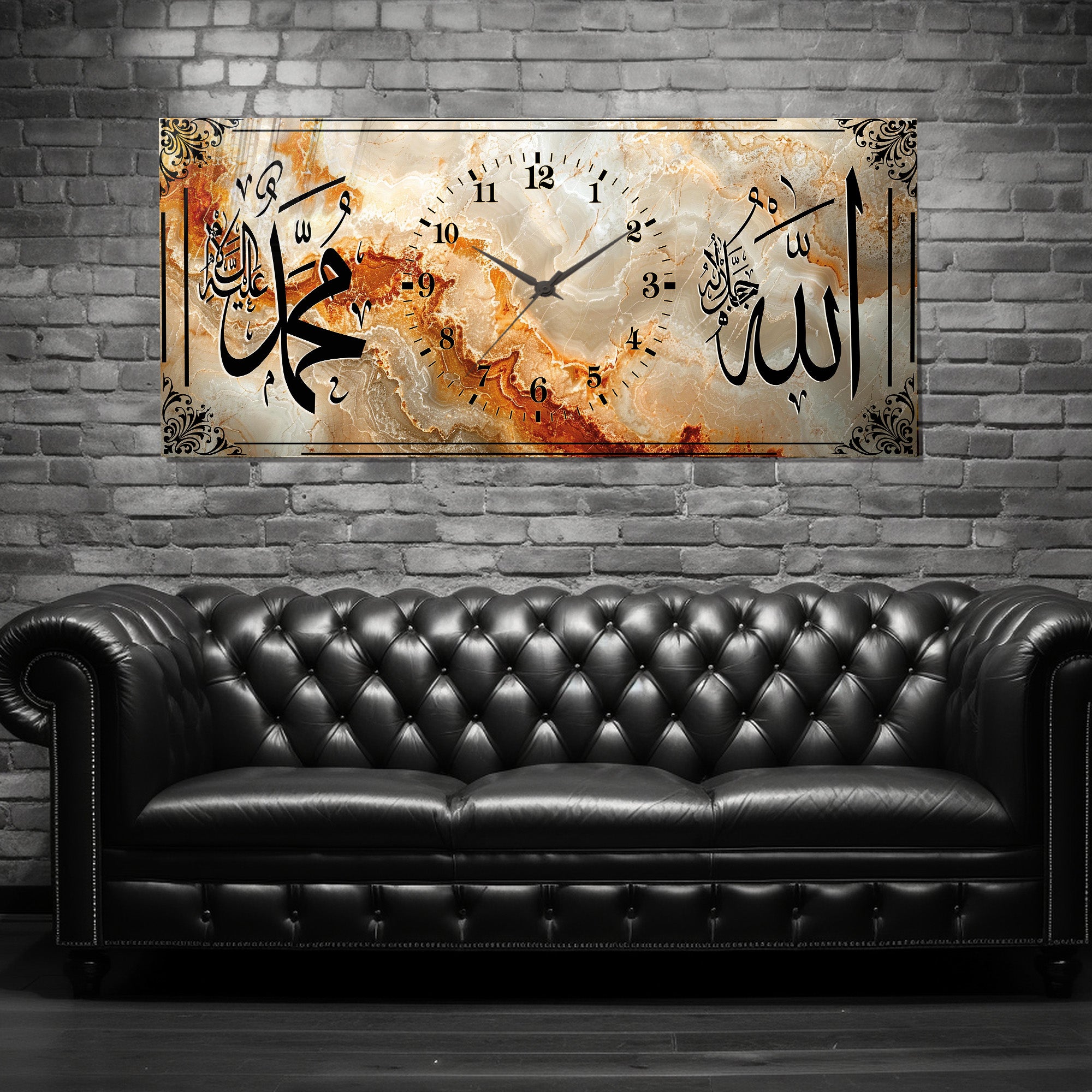 İslami Saatli Temperli Cam Tablo – Allah & Muhammed Yazılı Modern Duvar Saati, Ahşap Desenli Premium UV Baskı
