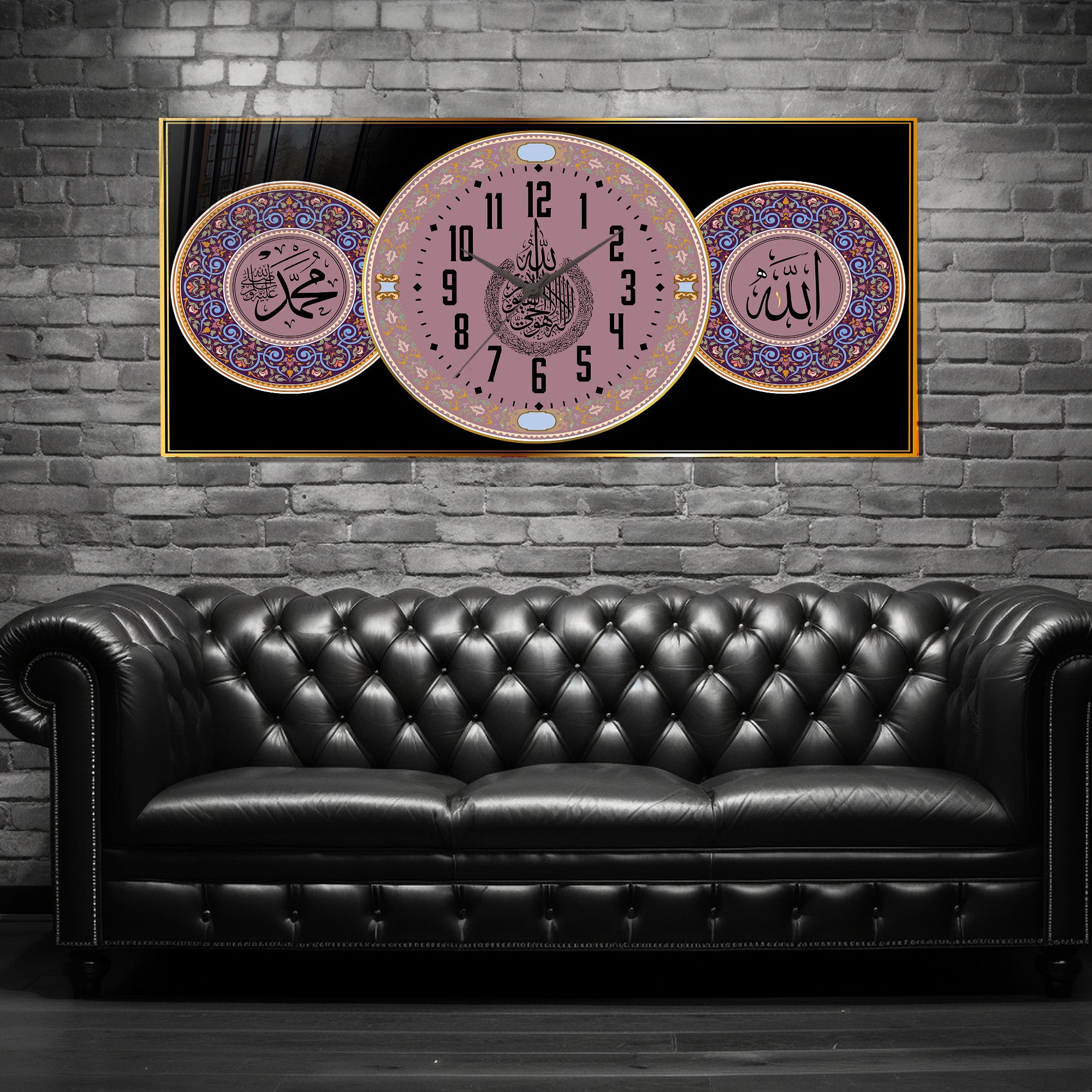 Nur Suresi 35 Ayetli Saatli Temperli Cam Tablo – Allah & Muhammed Yazılı, Türkçe Okunuşlu, Lüks İslami Duvar Saati