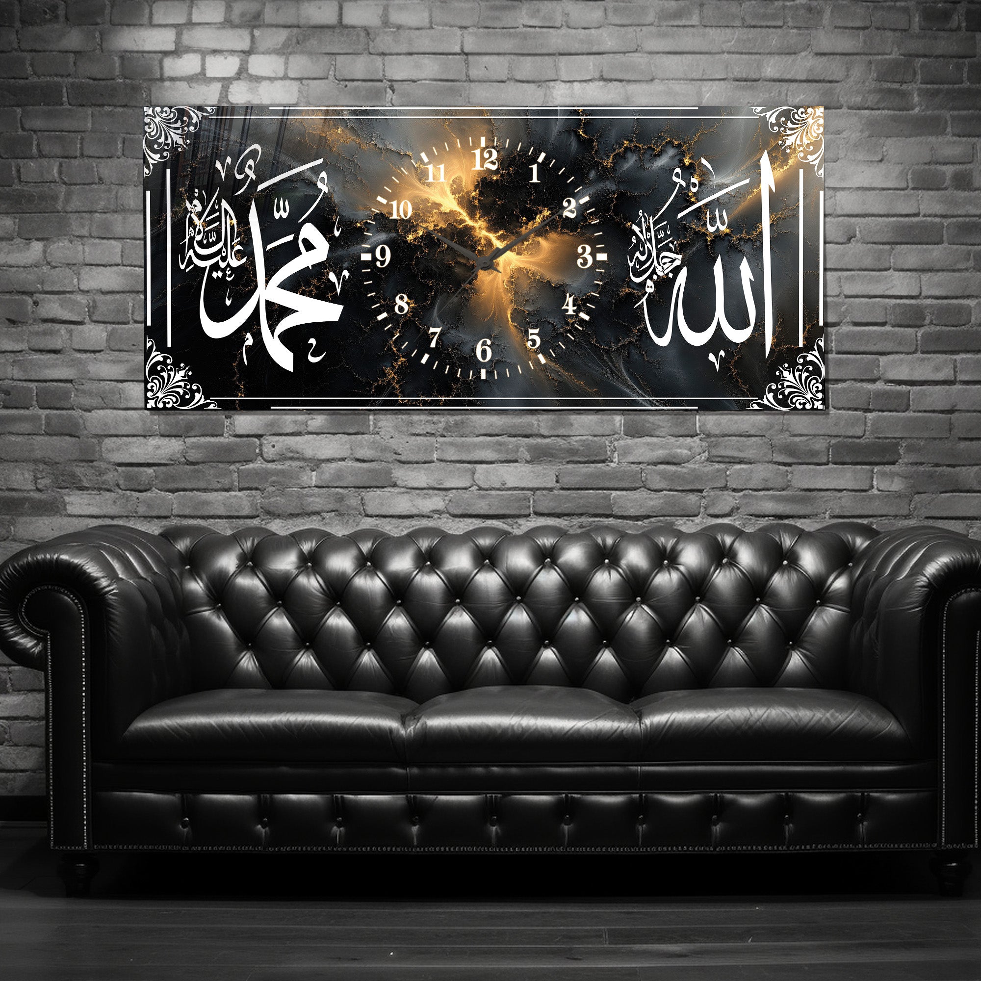 İslami Saatli Temperli Cam Tablo – Allah & Muhammed Yazılı Modern Duvar Saati, Ahşap Desenli Premium UV Baskı