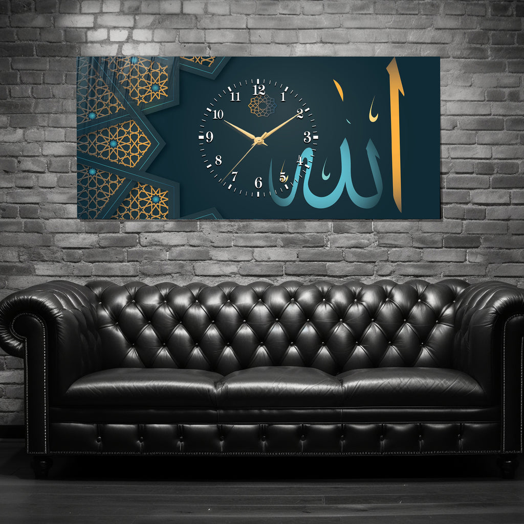 İslami Saatli Temperli Cam Tablo – Allah & Muhammed Yazılı Modern Duvar Saati, Ahşap Desenli Premium UV Baskı (Kopya)