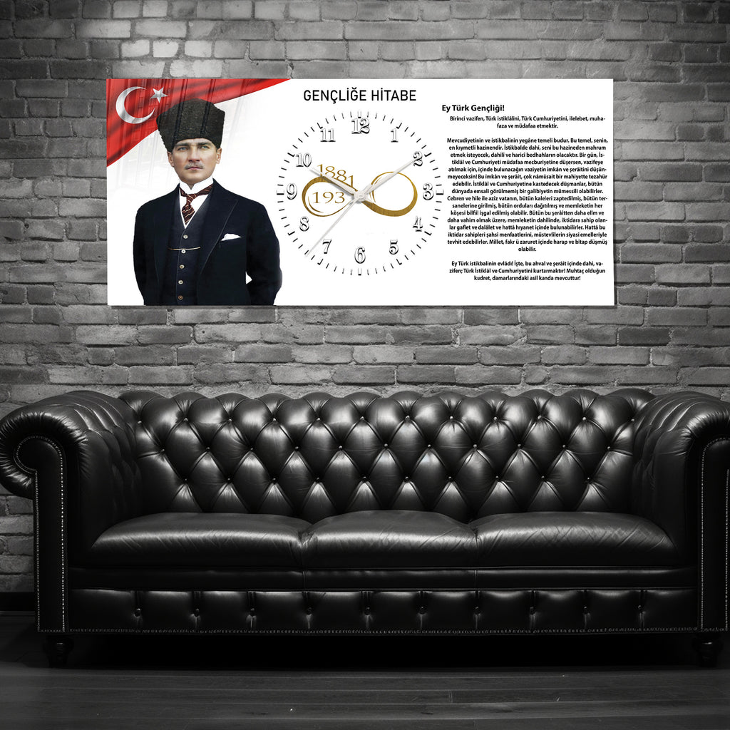 Gençliğe Hitabe Temalı Cam Duvar Saati  –Atatürk Portresi Ve Gençliğe Hitabe Tasarım, Premium UV Baskı Duvar Saati