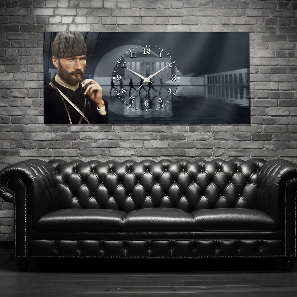 Anıtkabir Temalı Temperli Cam Saat –Atatürk Portresi  Tasarım, Premium UV Baskı Duvar Saati