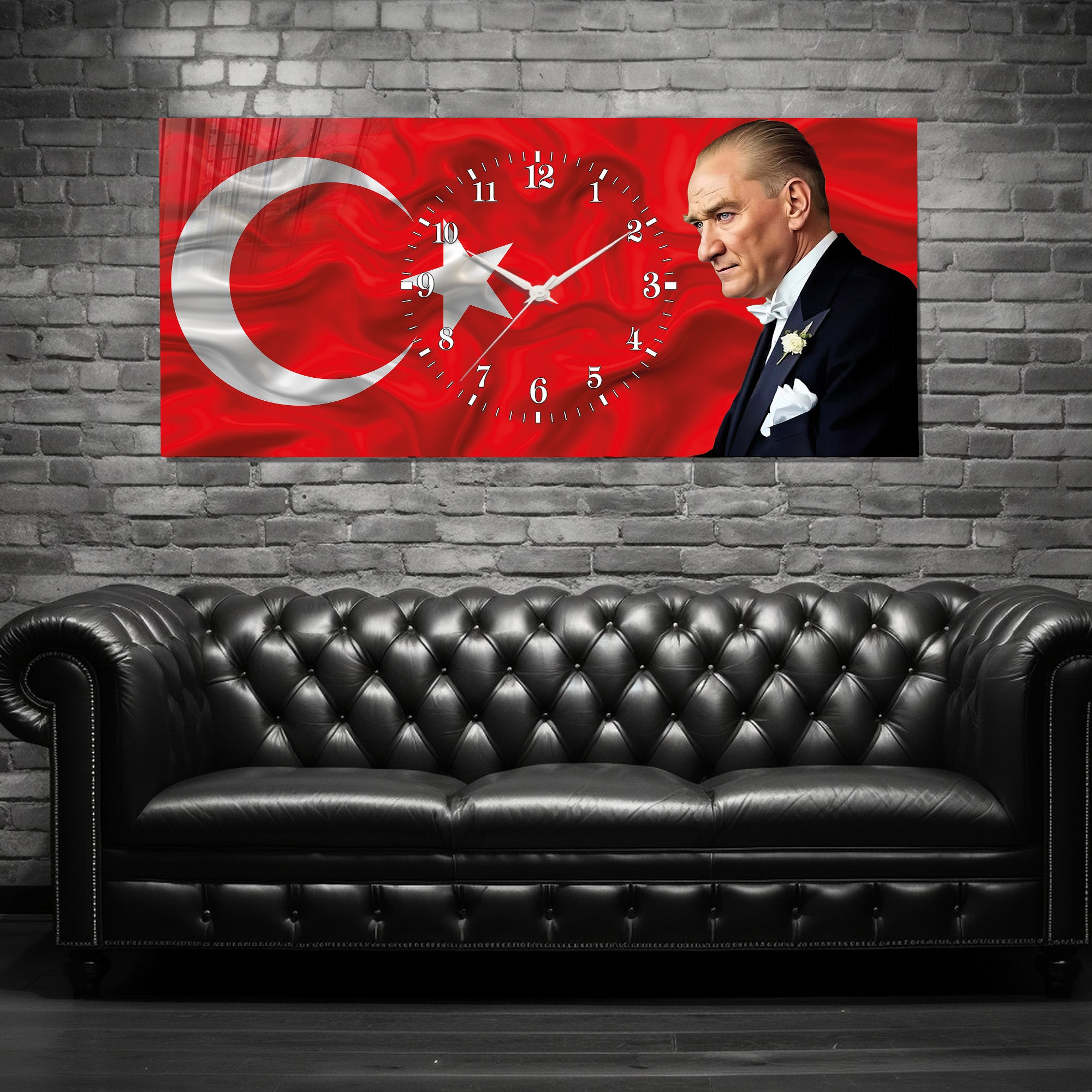 Kırmızı Türk Bayraklı Saatli Temperli Cam Saat –Atatürk Portresi  Tasarım, Premium UV Baskı Duvar Saati