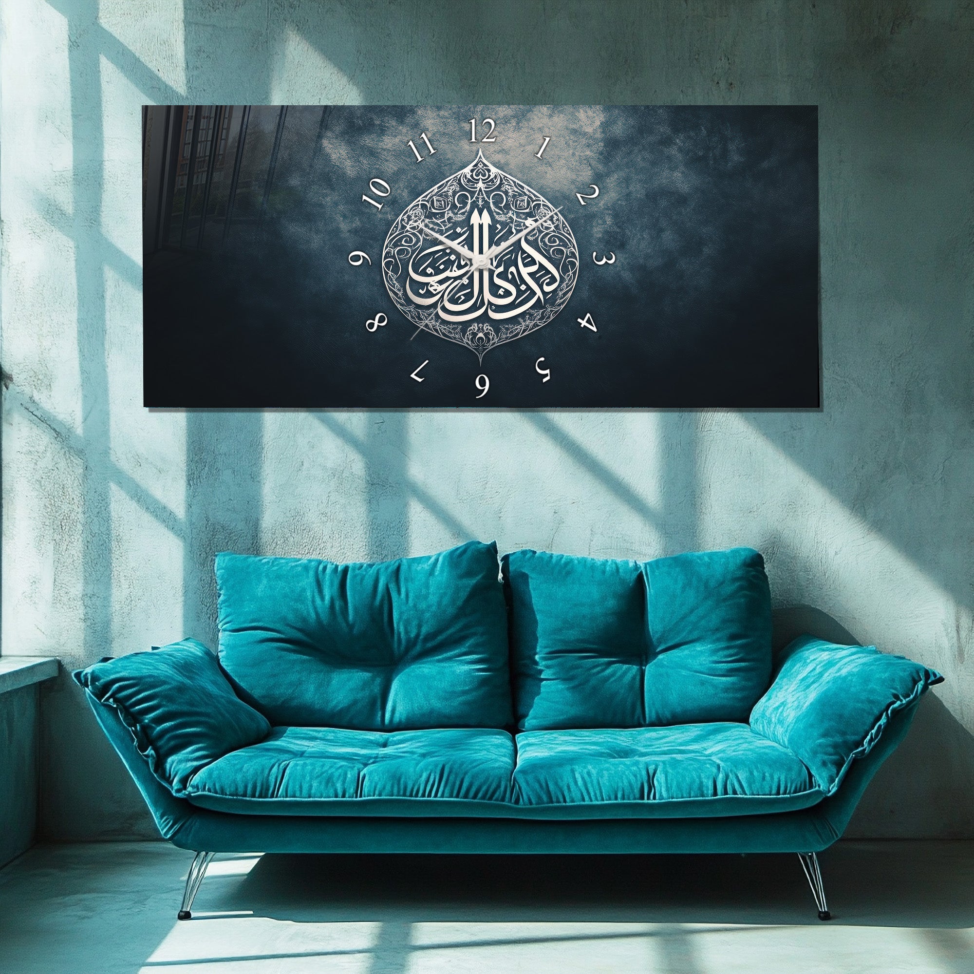 Temperlenmiş Cam İslami Duvar Saati – “Ve Huve Alâ Kulli Şey’in Kadîr” Hat Sanatı, Siyah Gri Mistık Dekor