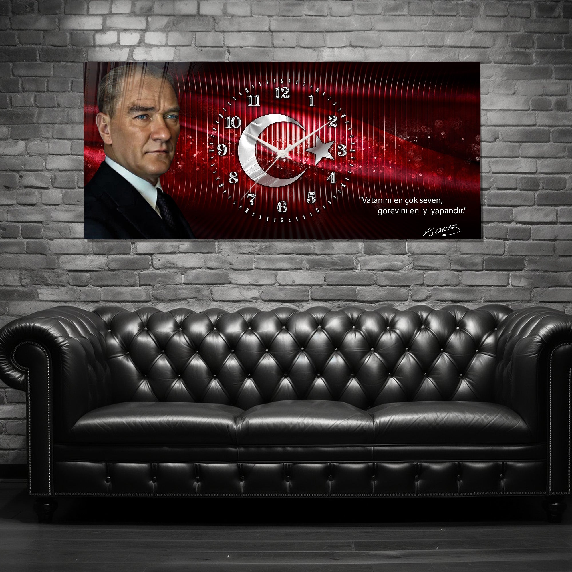 Kırmızı Türk Bayraklı Saatli Temperli Cam Saat –Atatürk Portresi  Tasarım, Premium UV Baskı Duvar Saati