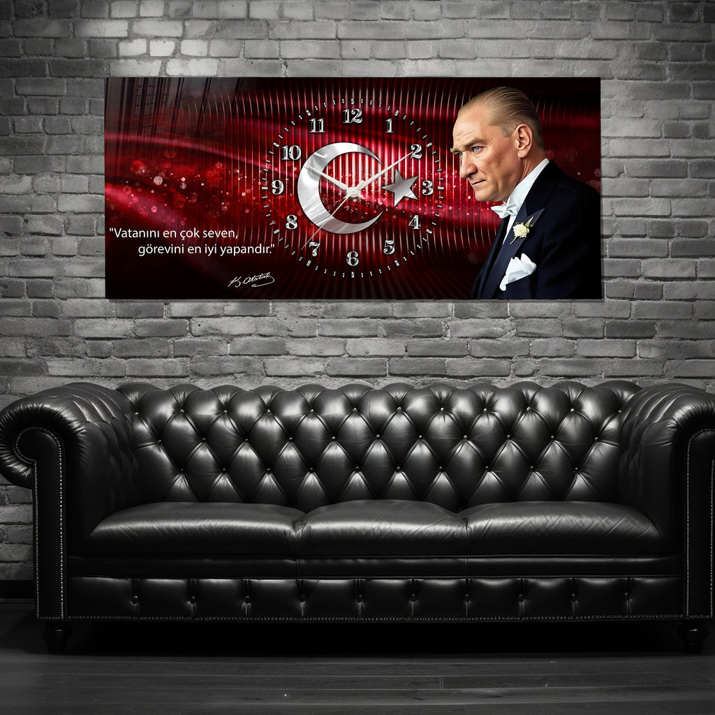 Kırmızı Türk Bayraklı Saatli Temperli Cam Saat –Atatürk Portresi  Tasarım, Premium UV Baskı Duvar Saati (Kopya) (Kopya) (Kopya)