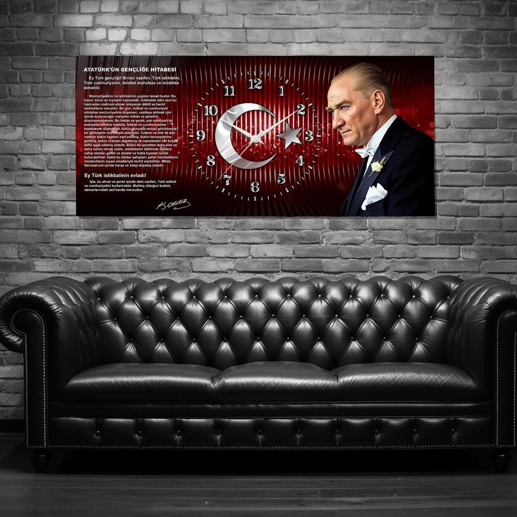 Kırmızı Türk Bayraklı Saatli Temperli Cam Tablo –Atatürk Portresi Ve Gençliğe Hitabe Tasarım, Premium UV Baskı Duvar Saati (Kopya) (Kopya)