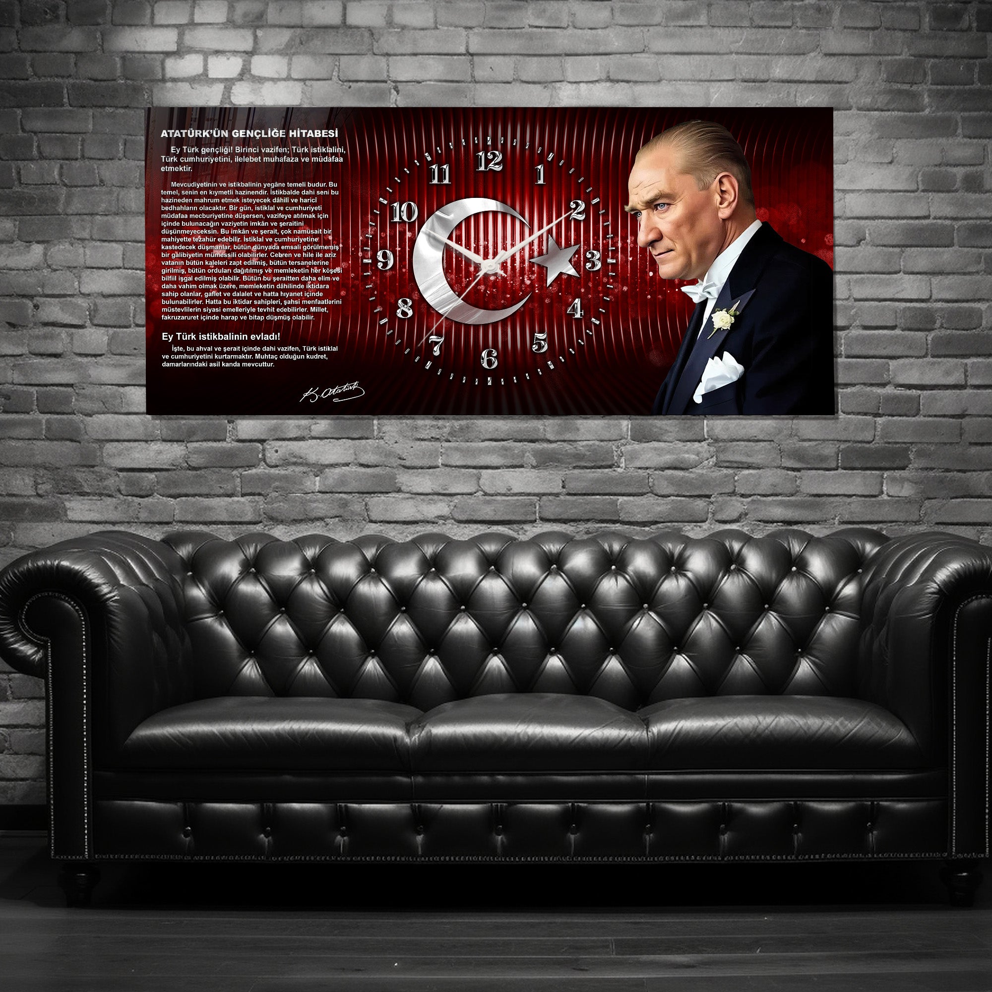 Kırmızı Türk Bayraklı Saatli Temperli Cam Tablo –Atatürk Portresi Ve Gençliğe Hitabe Tasarım, Premium UV Baskı Duvar Saati (Kopya) (Kopya)