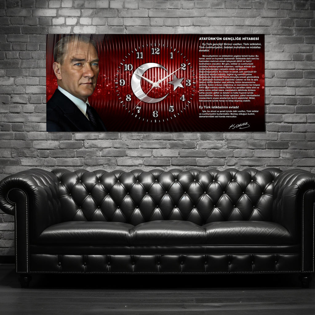 Kırmızı Türk Bayraklı Saatli Temperli Cam Tablo –Atatürk Portresi Ve Gençliğe Hitabe Tasarım, Premium UV Baskı Duvar Saati (Kopya)