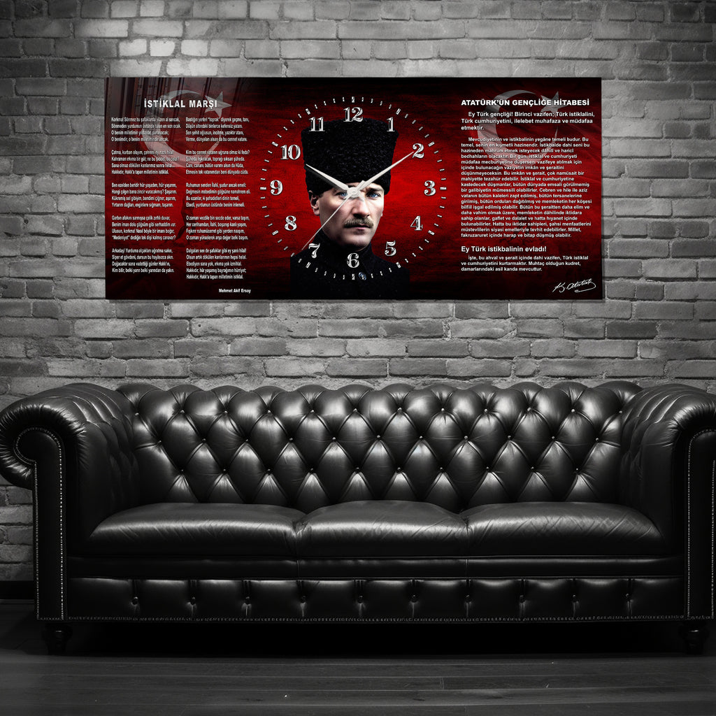 Kırmızı Türk Bayraklı Saatli Temperli Cam Tablo –İstiklal marşe ve Gençliğe Hitabe Atatürk Portre Tasarım, Premium UV Baskı Duvar Saati
