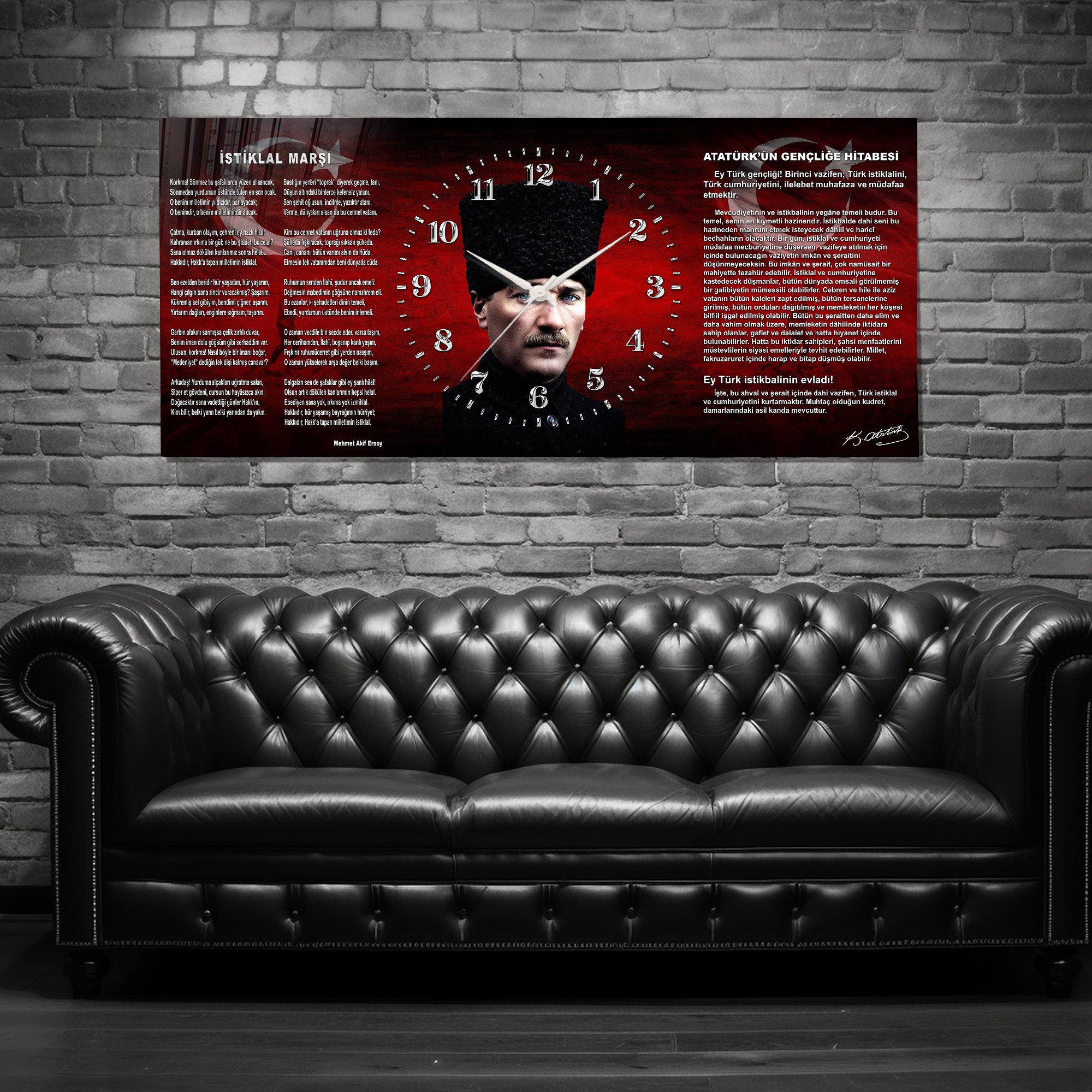 Kırmızı Türk Bayraklı Saatli Temperli Cam Tablo –İstiklal marşe ve Gençliğe Hitabe Atatürk Portre Tasarım, Premium UV Baskı Duvar Saati