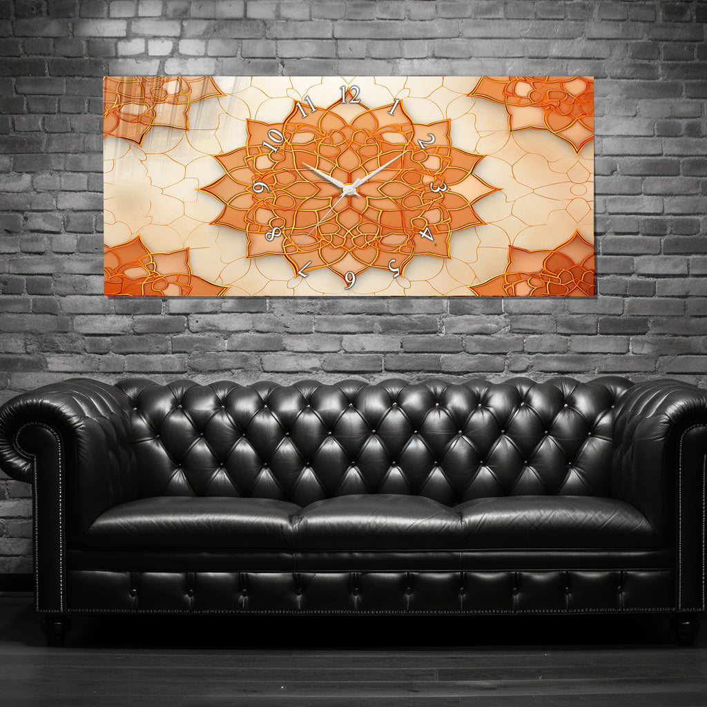 Temperli Cam İslami Duvar Saati –İslami Geometrik Desen, Turuncu Mandala Motifli Modern Deko