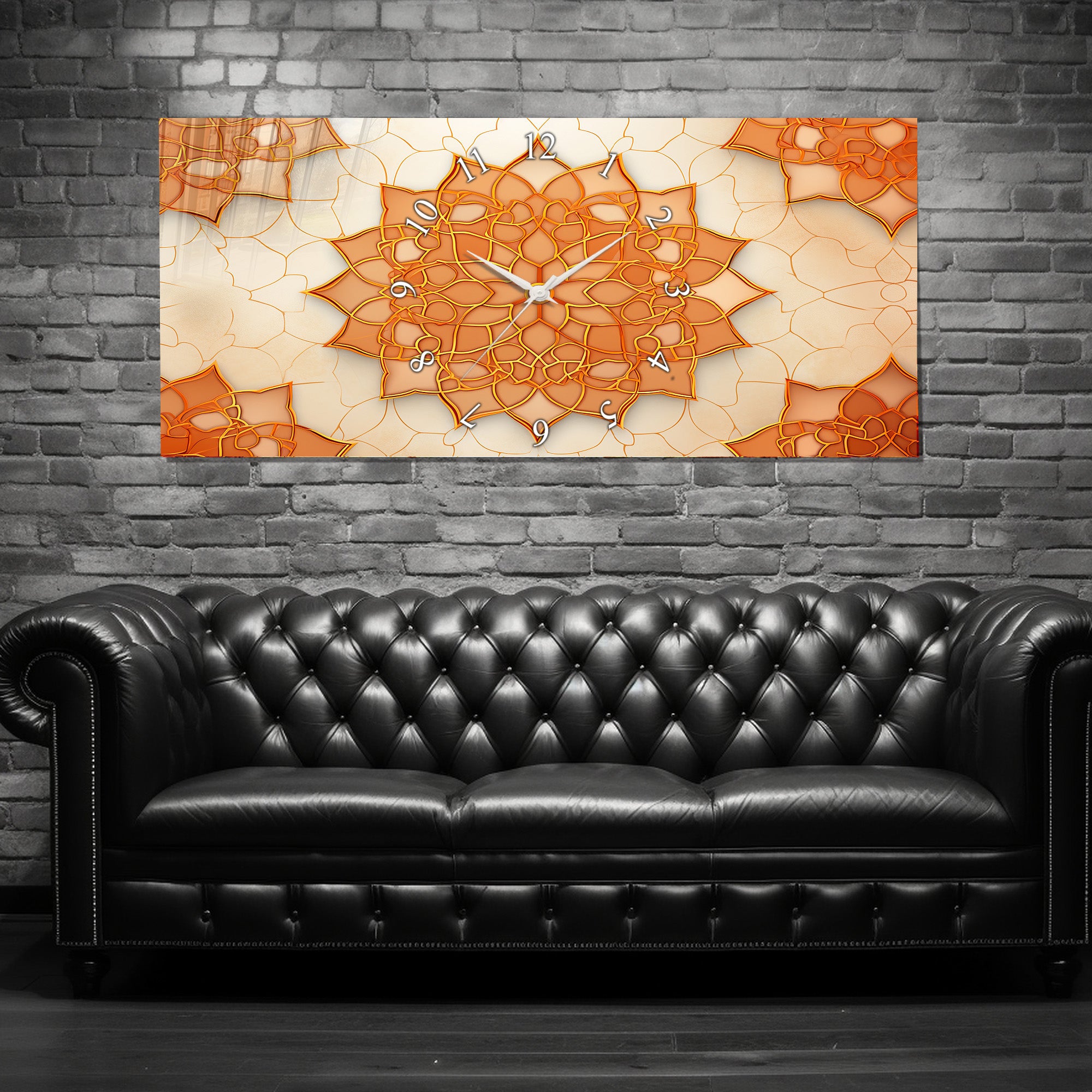 Temperli Cam İslami Duvar Saati –İslami Geometrik Desen, Turuncu Mandala Motifli Modern Deko