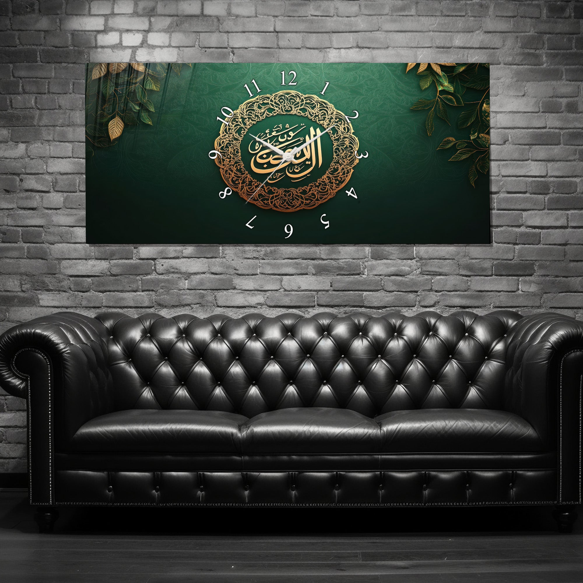 Temperli Cam İslami Duvar Saati – Hz. Muhammed (S.A.V.) Hat Sanatı, Yeşil Altın İslami Dekor