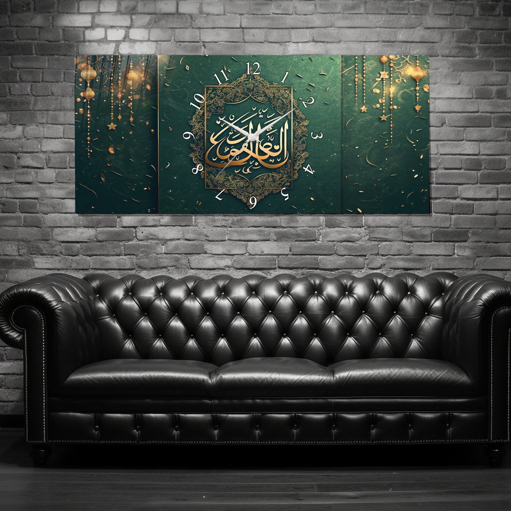 Temperli Cam İslami Duvar Saati – Allahu’l-Kerîm Hat Sanatı, Yeşil Altın 3 Parçalı İslami Dekor