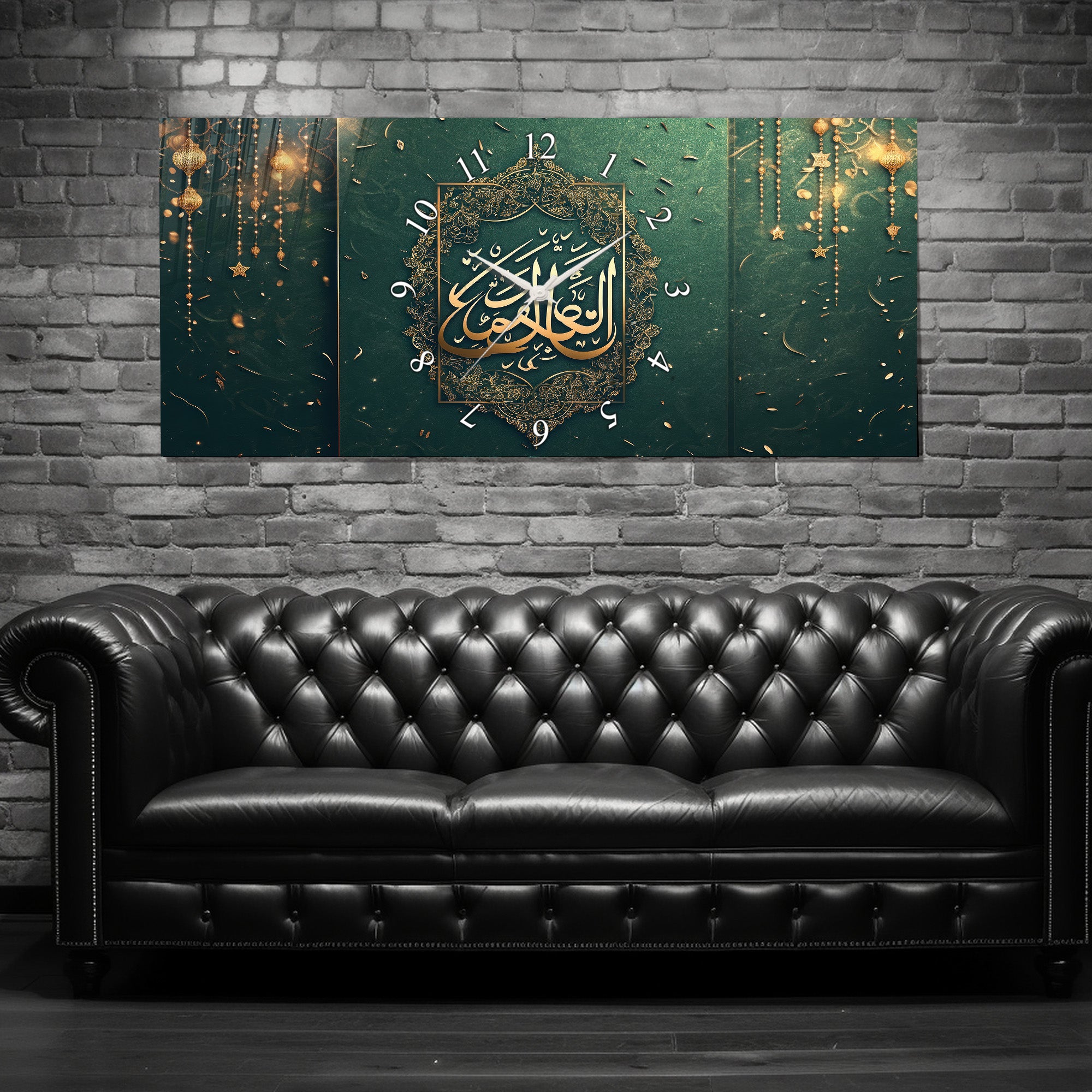 Temperli Cam İslami Duvar Saati – Allahu’l-Kerîm Hat Sanatı, Yeşil Altın 3 Parçalı İslami Dekor