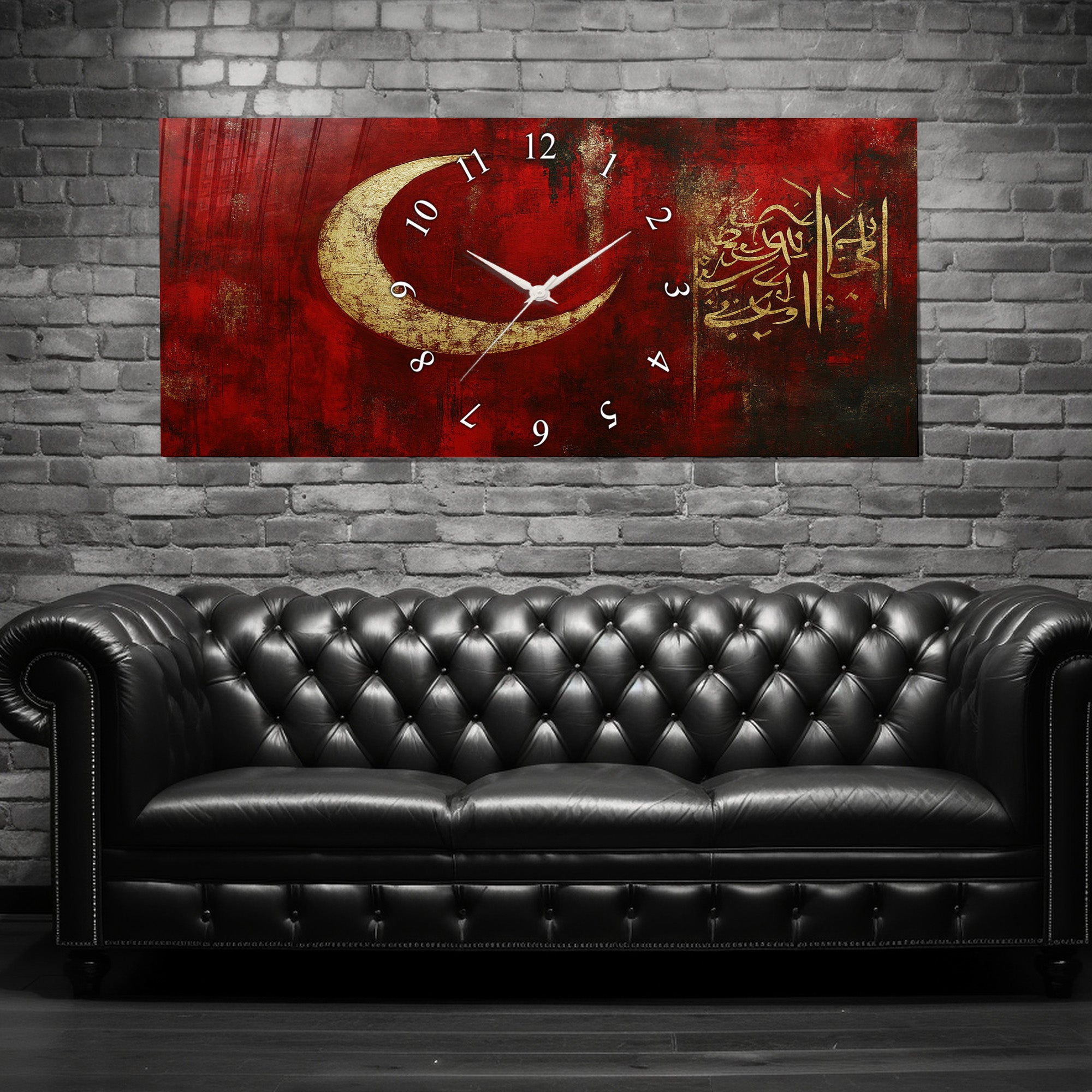 Temperli Cam İslami Duvar Saati – Ayetel Kürsi” Elhamdülillahi Rabbil Âlemin Hat Sanatı, Kırmızı Altın Türk Bayrağı Tasarımı