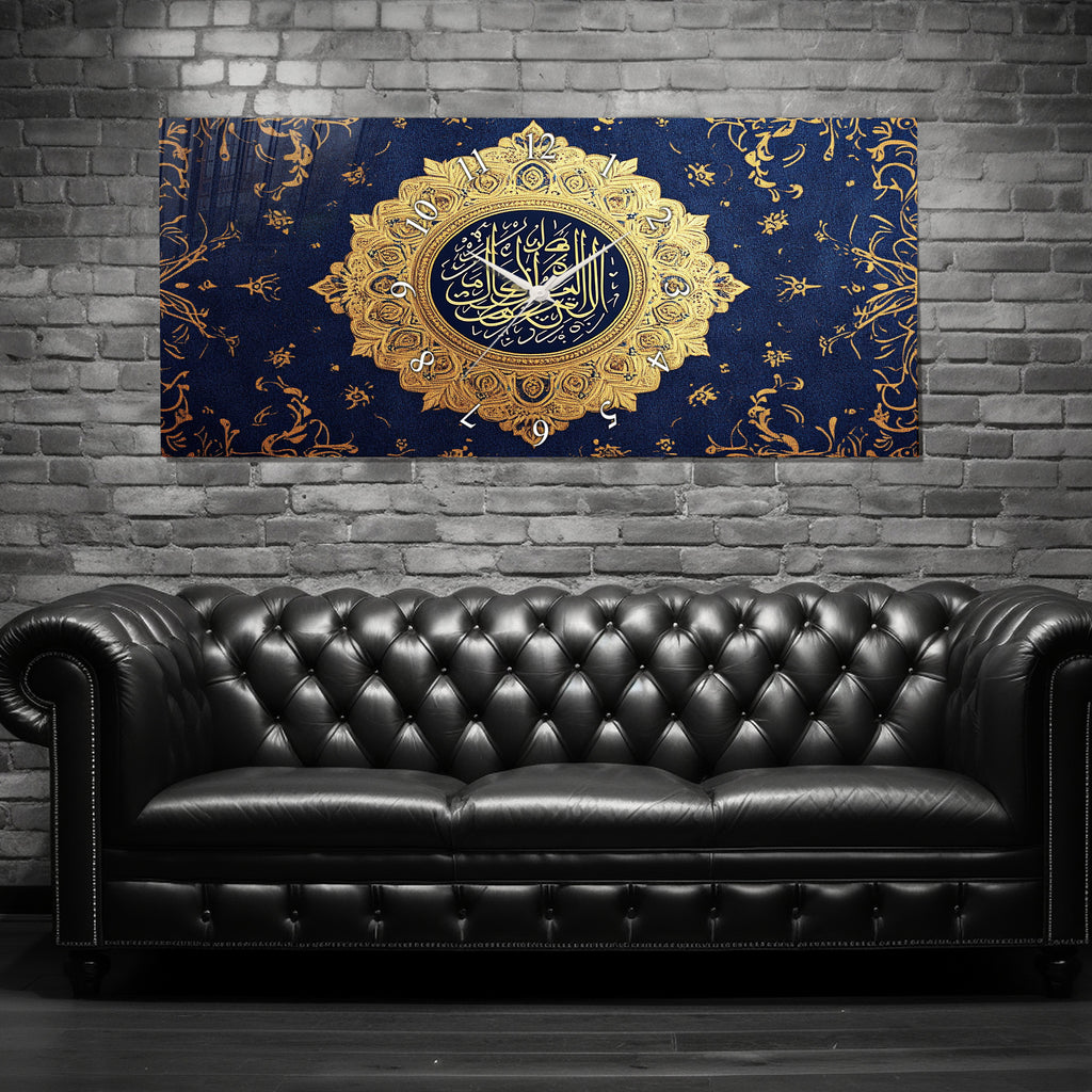 Temperli Cam İslami Duvar Saati – Ayetel Kürsi” Altın Hat Sanatı, Lacivert İslami Dekor