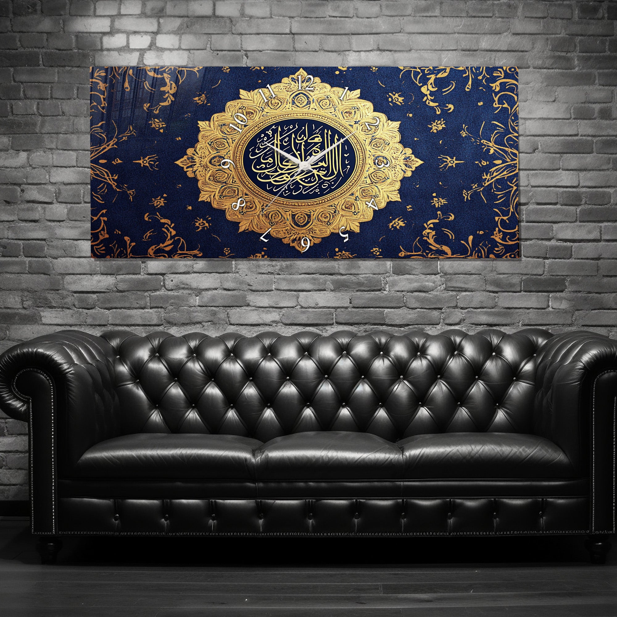 Temperli Cam İslami Duvar Saati – Ayetel Kürsi” Altın Hat Sanatı, Lacivert İslami Dekor