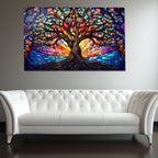 Ağaç Temalı Vitray Görünümlü Temperli Cam Tablo – Renkli Doğa Duvar Dekoru