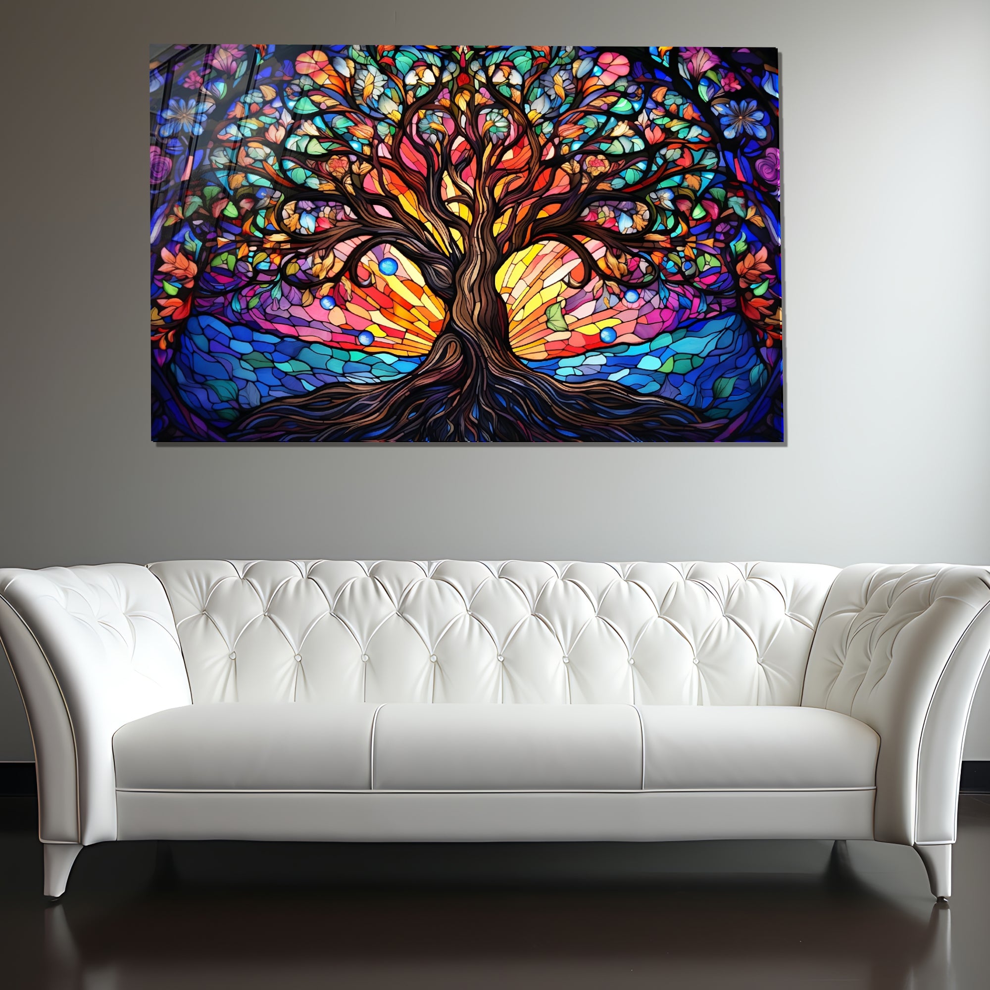 Ağaç Temalı Vitray Görünümlü Temperli Cam Tablo – Renkli Doğa Duvar Dekoru