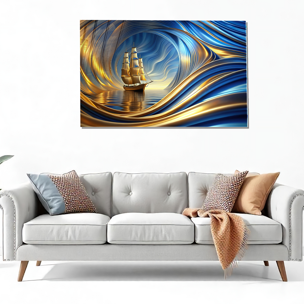 Temperli Cam Duvar Tablosu – Altın Mavi Soyut Gemi Dekor