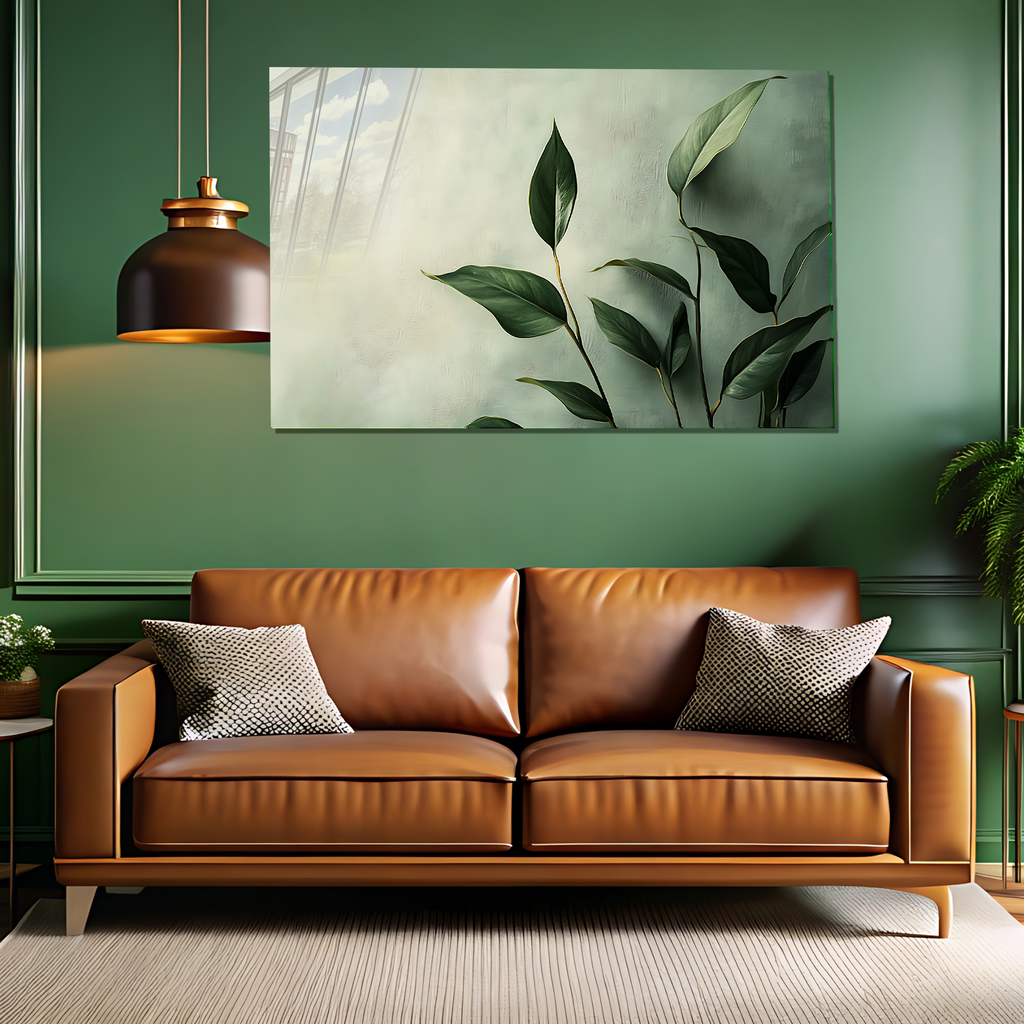 Temperli Cam Duvar Tablosu – Yeşil yapraklar Dekoru