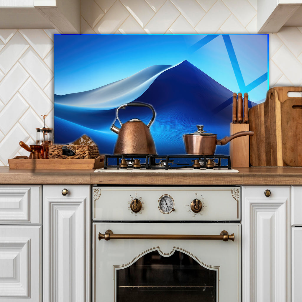 Temperli Cam Duvar Tablosu  Soyut Mavi Dalgalar