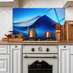 Temperli Cam Duvar Tablosu  Soyut Mavi Dalgalar