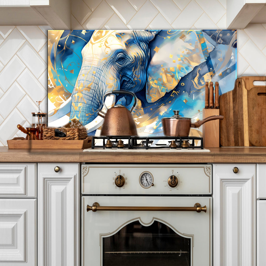 Temperli Cam Duvar Tablosu  Mavi Altın Fil