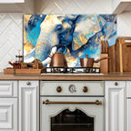 Temperli Cam Duvar Tablosu  Mavi Altın Fil