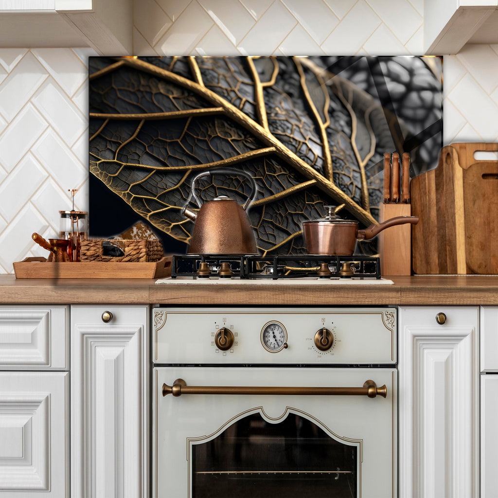 Temperli Cam Duvar Tablosu  Altın Damarlı Yaprak