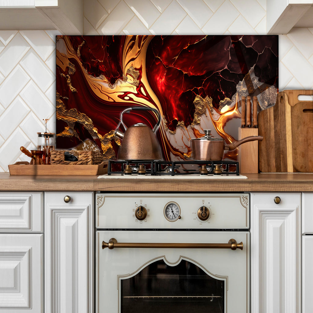 Temperli Cam Duvar Tablosu  Kırmızı Altınlı Mermer