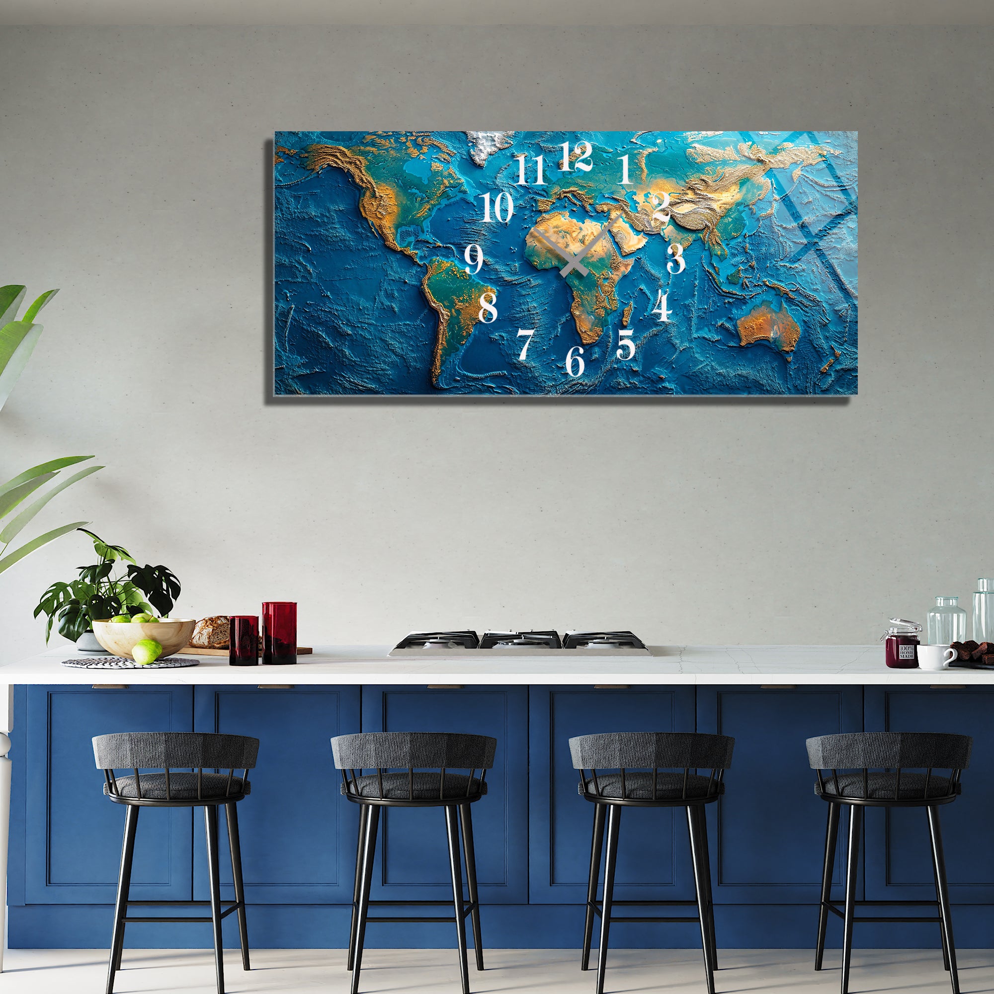 Dünya Haritası Temalı Temperli Cam Duvar Saati – Altın Detaylı Modern Tasarım, Büyük Boy Duvar Dekoru (Kopya)