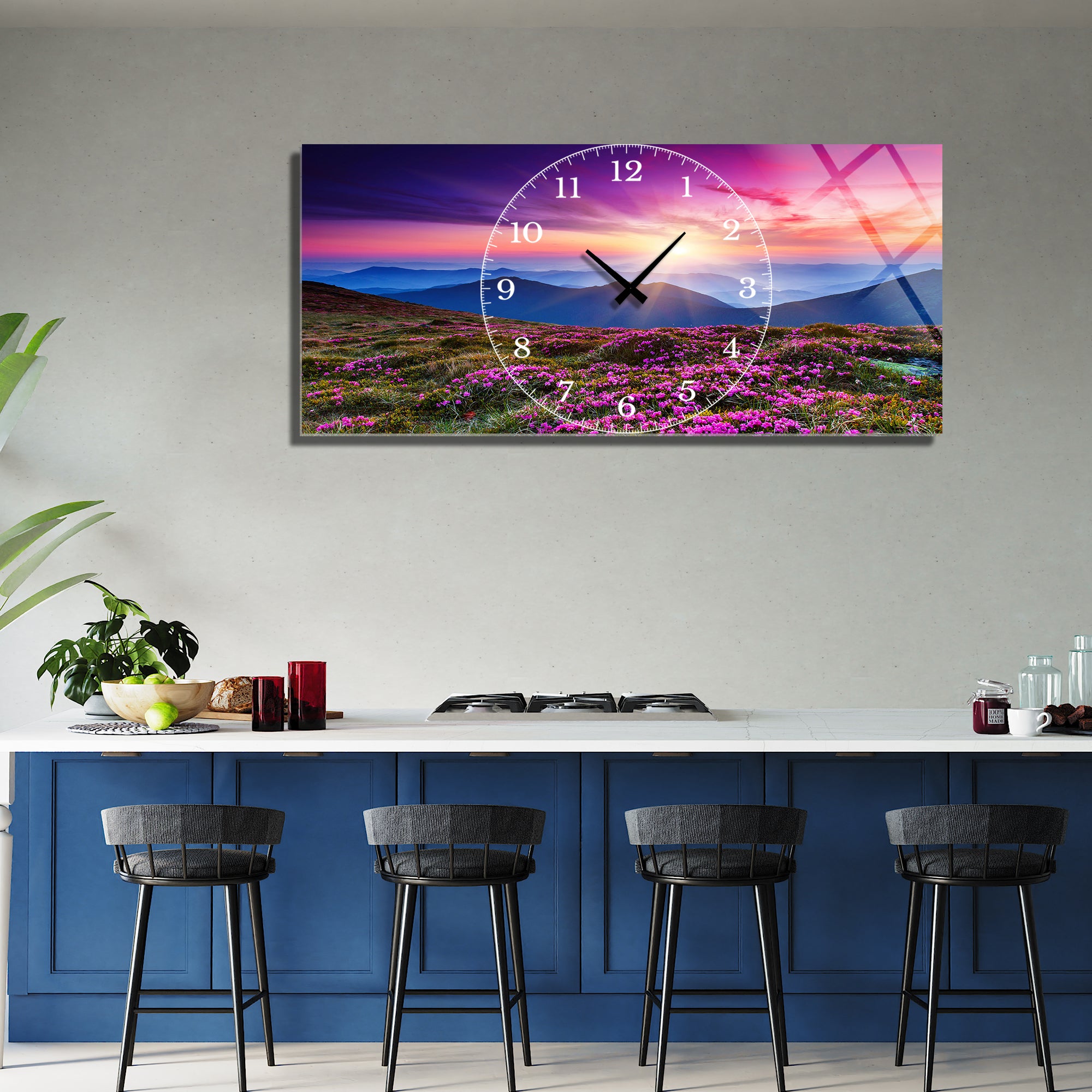 Manzara Temalı Temperli Cam Duvar Saati – Altın Detaylı Modern Tasarım, Büyük Boy Duvar Dekoru