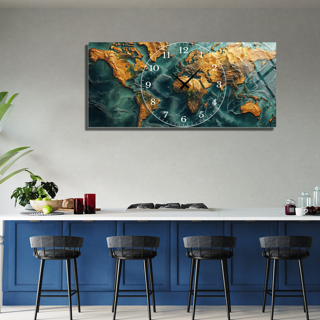 World Map Themed Tempered Glass Wall Clock – Modern Design with Gold Details, Large Wall Decor