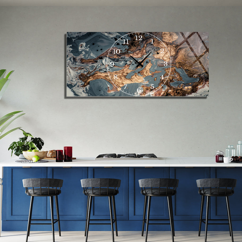 Soyut Temalı Temperli Cam Duvar Saati – Altın Detaylı Modern Tasarım, Büyük Boy Duvar Dekoru