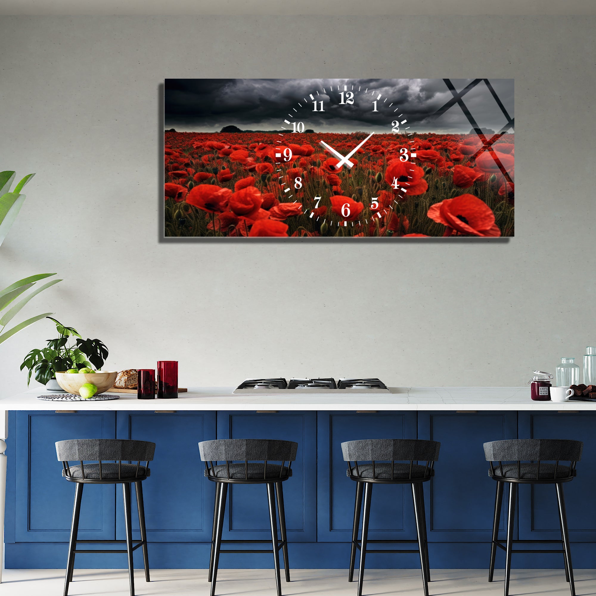 Manzara Temalı Temperli Cam Duvar Saati – Altın Detaylı Modern Tasarım, Büyük Boy Duvar Dekoru