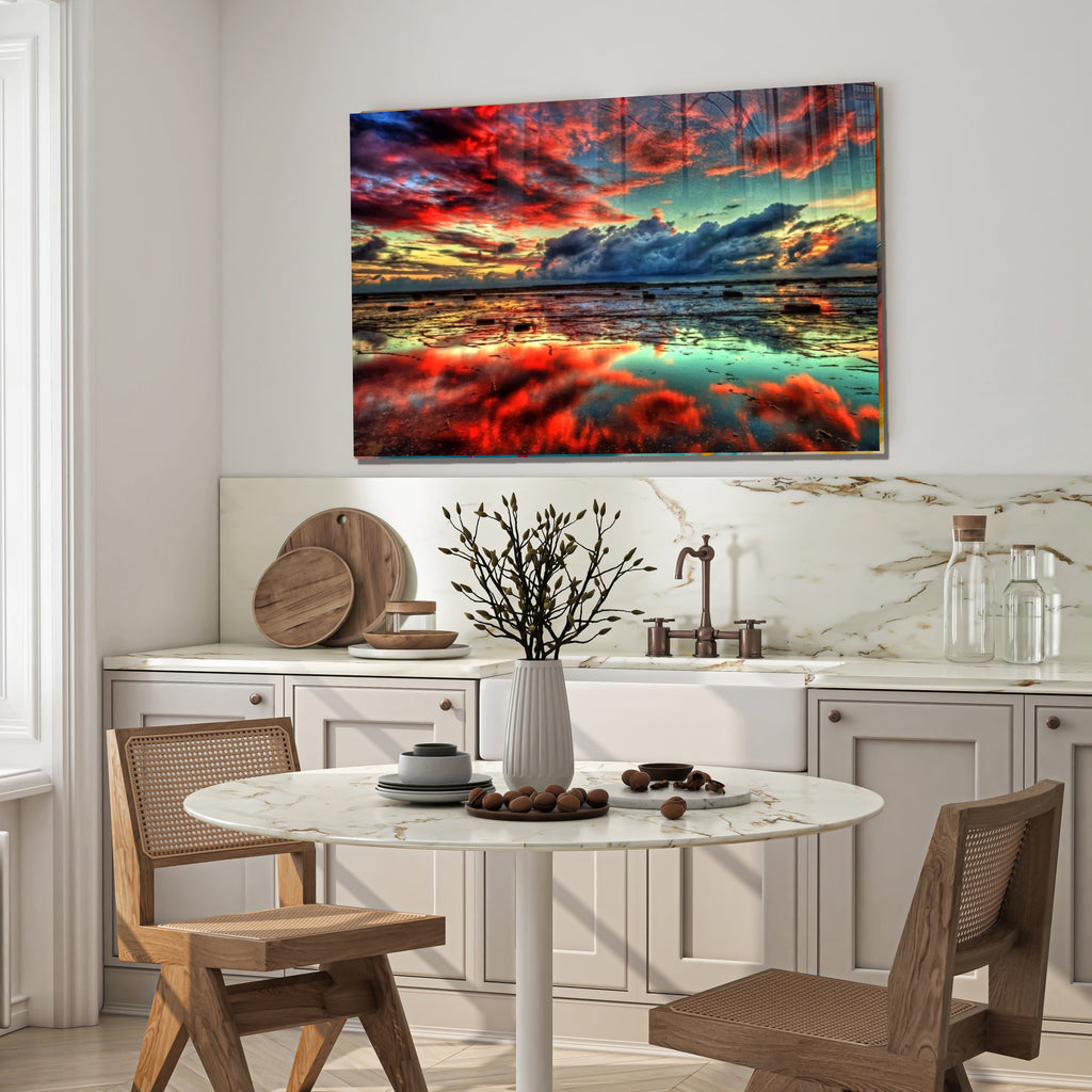 Dramatic Sunset Glass Wall Art – Tempered Glass Landscape Print, Large Framed or Frameless Wall Decor, Stained Glass Wall Art, Landscape Glass Panel