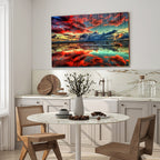 Kırmızı ve Mavi Gün Batımı Yansımalı Cam Tablo – Modern Manzara Duvar Dekoru