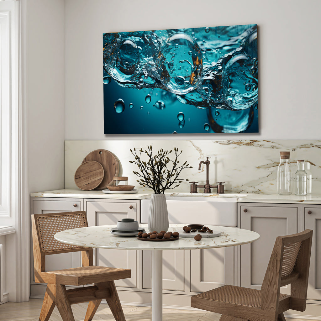 Water Bubbles Abstract Glass Wall Art – Modern Blue Fluid Design on Tempered Glass