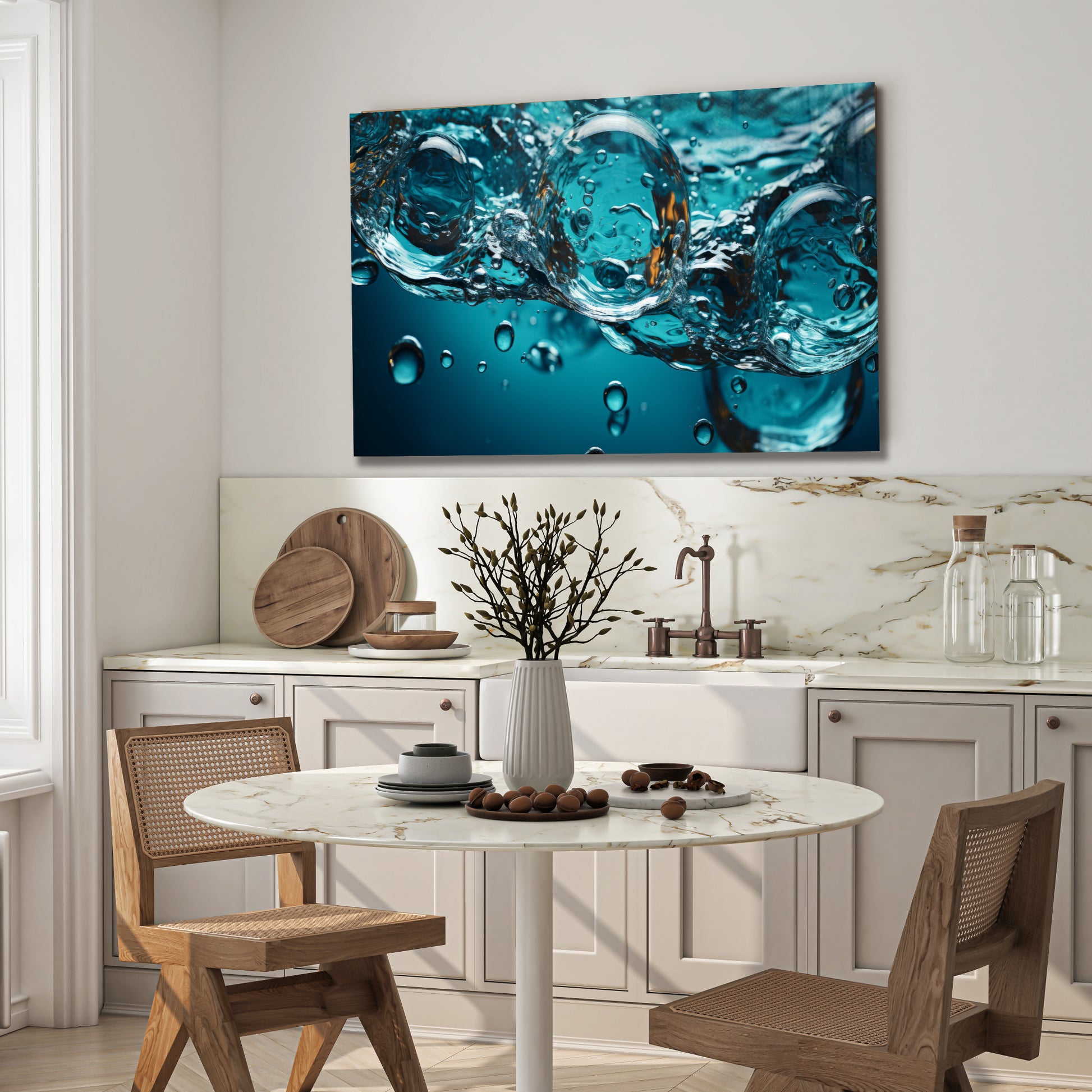 Water Bubbles Abstract Glass Wall Art – Modern Blue Fluid Design on Tempered Glass
